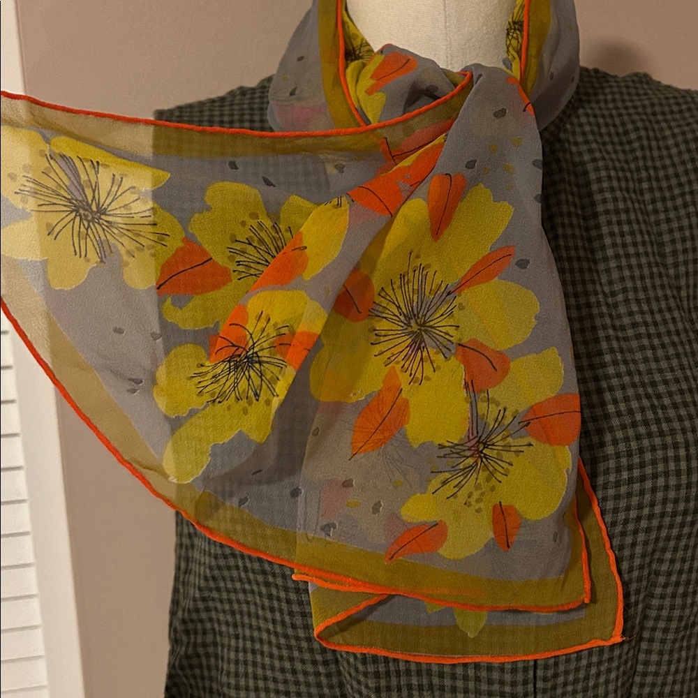 Ugna All silk hand rolled Floral Sheer Scarf - Yellow and Orange tones vintage